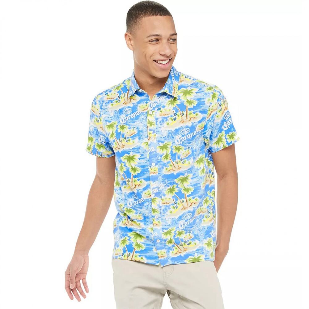 Corona Tropical Island Button Down Shirt Men's Size Small Blue Hawaiian Beach